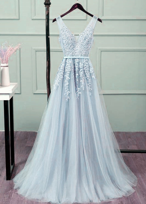 Beautiful Sliver-Grey Tulle Long Lace V-neckline Party Dress, Floor Length Prom Dress