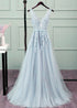 Beautiful Sliver-Grey Tulle Long Lace V-neckline Party Dress, Floor Length Prom Dress
