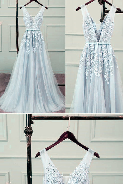 Beautiful Sliver-Grey Tulle Long Lace V-neckline Party Dress, Floor Length Prom Dress