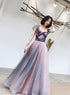 Blue Tulle Long Off Shoulder Gradient A-line Formal Dress, Pink Party Dress Evening Gown