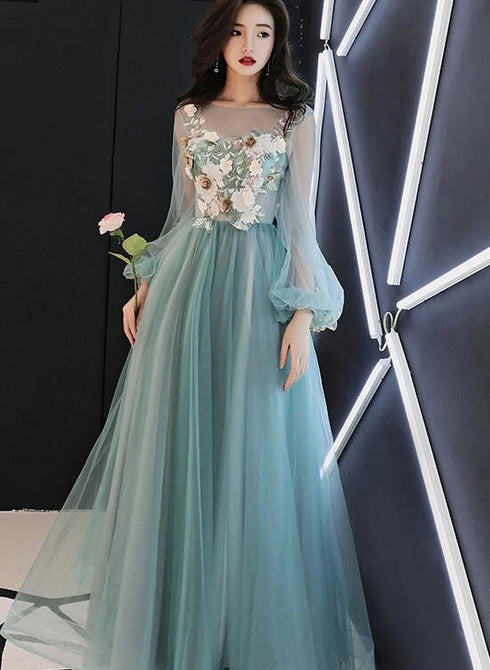 Fashionable Light Green Tulle Long Sleeves Prom Dress, A-line Party Dress with Lace Applique