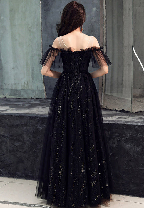 Black Off Shoulder Tulle Party Dress, A-line Black Formal Dress Prom Dress