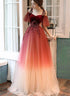 Dark Red Gradient Tulle Off Shoulder Long Party Dress, Dark Red Evening Dress