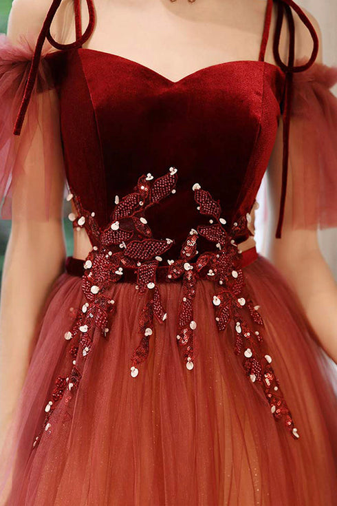 Dark Red Gradient Tulle Off Shoulder Long Party Dress, Dark Red Evening Dress