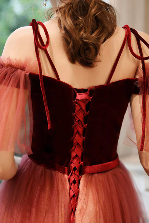 Dark Red Gradient Tulle Off Shoulder Long Party Dress, Dark Red Evening Dress