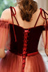 Dark Red Gradient Tulle Off Shoulder Long Party Dress, Dark Red Evening Dress