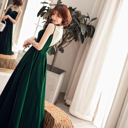 Dark Green Chic Straps Velvet Long Bridesmaid Dress Party Dress, Velvet Evening Dress