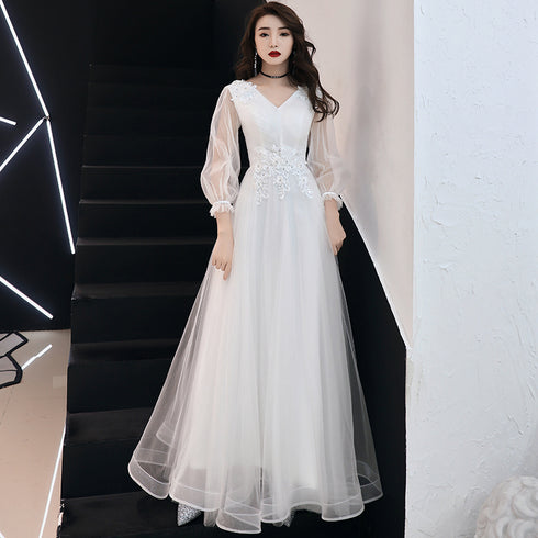 White Long Sleeves Tulle Simple Wedding Party Dress with Lace, A-line Formal Dress