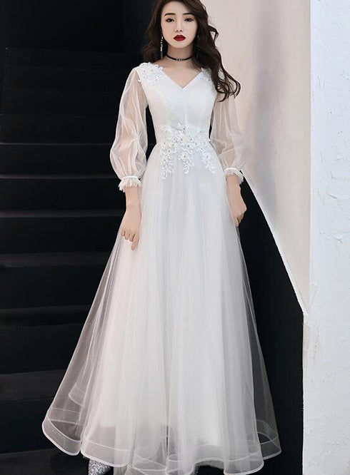 White Long Sleeves Tulle Simple Wedding Party Dress with Lace, A-line Formal Dress