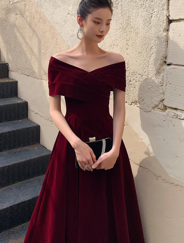 off the shoulder wine velvet dress Wine Red Velvet Off Shoulder Party Dress, A-line Floor Length Prom Dre