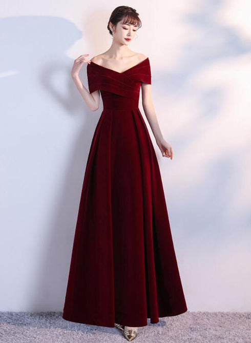 Wine Red Long Party Dress Velvet Evening Dress, A-line Off Shoulder Prom Dress