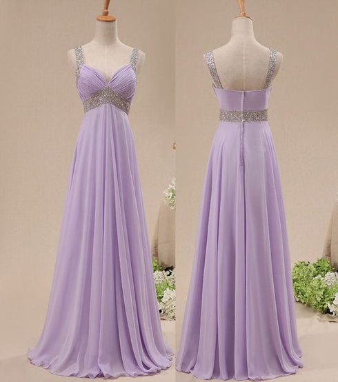 Beautiful Light Purple Chiffon Straps Party Dress, Long Formal Dress