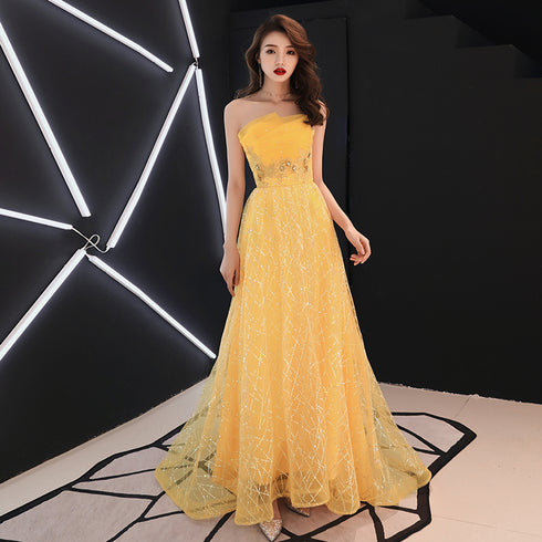 Unique Yellow Tulle Style Beaded Flowers Formal Gown, Yellow Long Prom Dress Party Dress