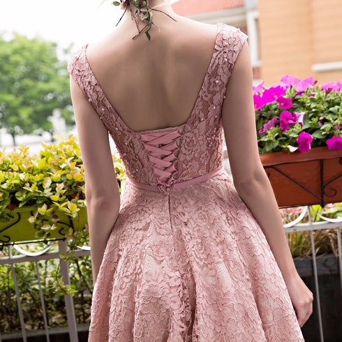 Cute Pink Tea Length Lace Party Dress, Lace Bridesmaid Dress