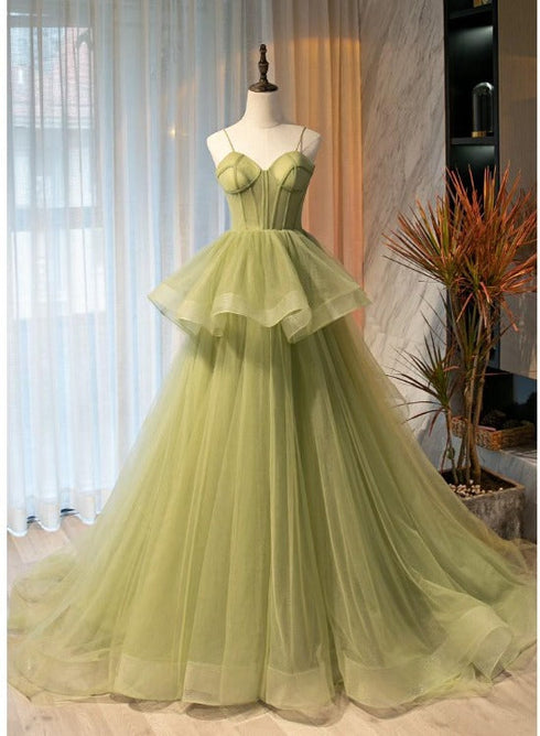Beautiful Light Green Tulle Layers Ball Gown Wedding Party Dress, Long Evening Dress Prom Dress