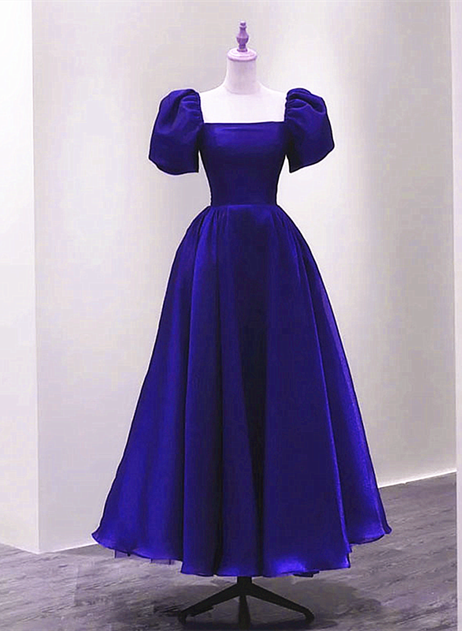 Royal Blue Satin Short Sleeves Wedding Party Dress, Royal Blue Party D