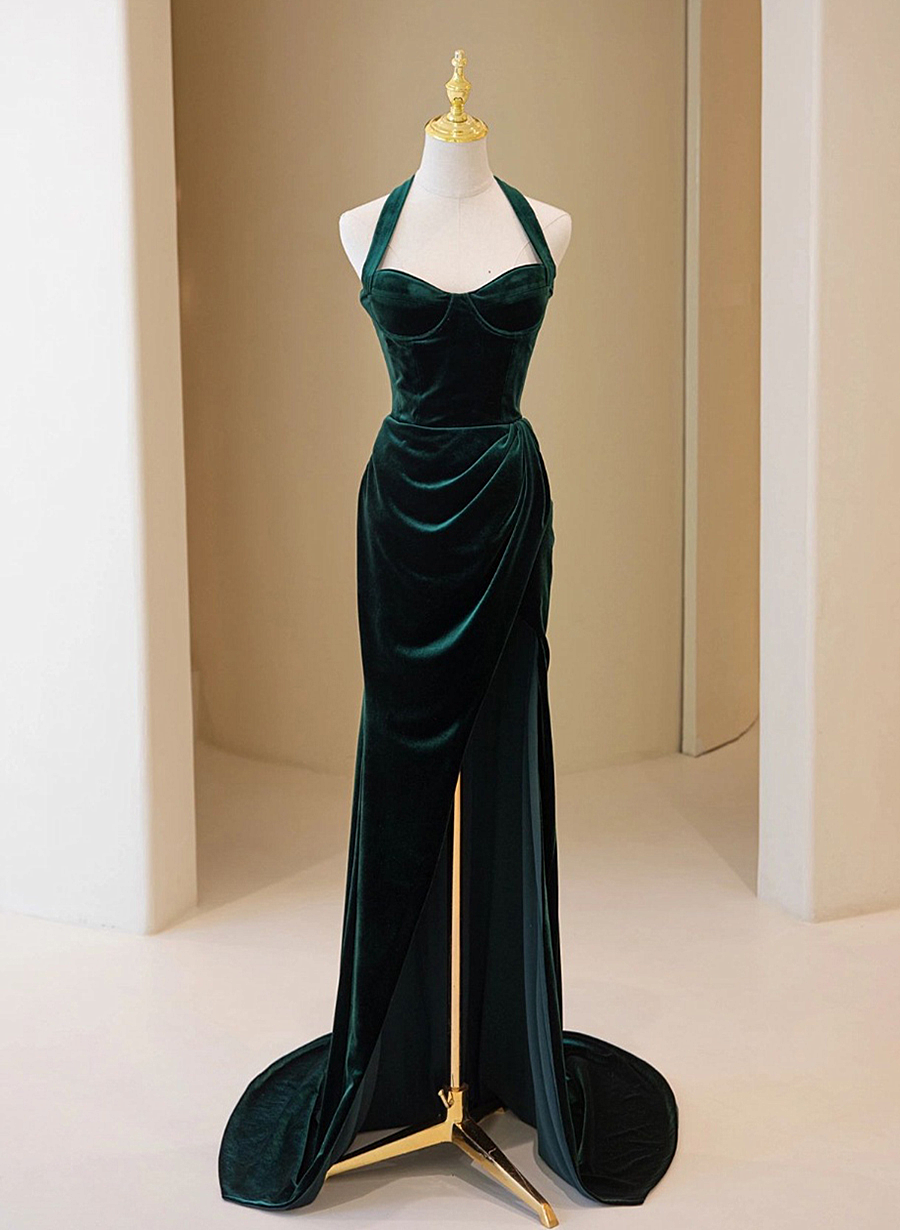 green emerald velvet dress Velvet Mermaid Bridesmaid Dresses High Neck Open Back main image 0