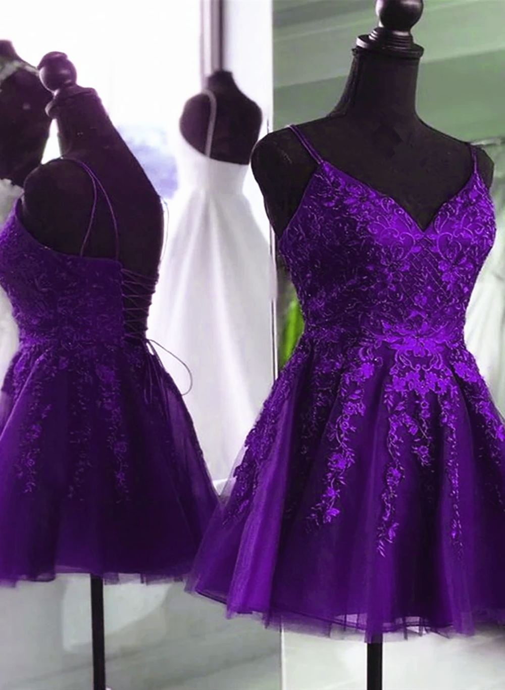 Purple V Neck Beaded Lace Side Slit Sheath Prom Dress