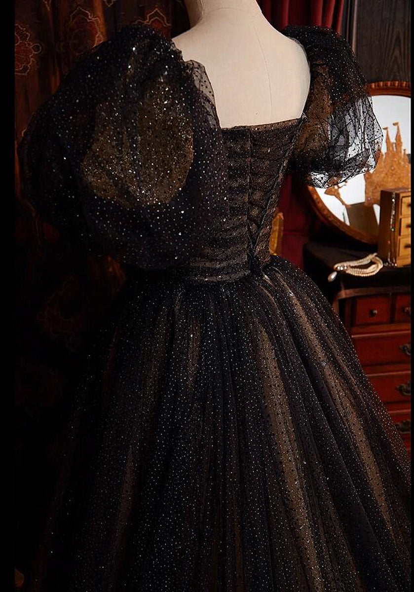 Black and Champagne Sweetheart Tulle Party Dress, A-line Long Evening Dress Prom Dress