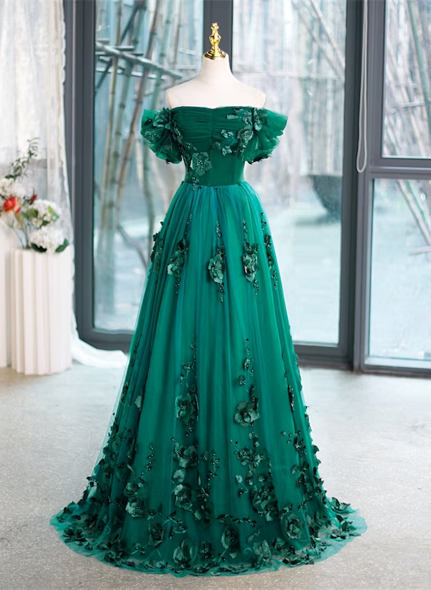 Beautiful Green Off Shoulder Party Dress with Flowers, Green Sweet 16