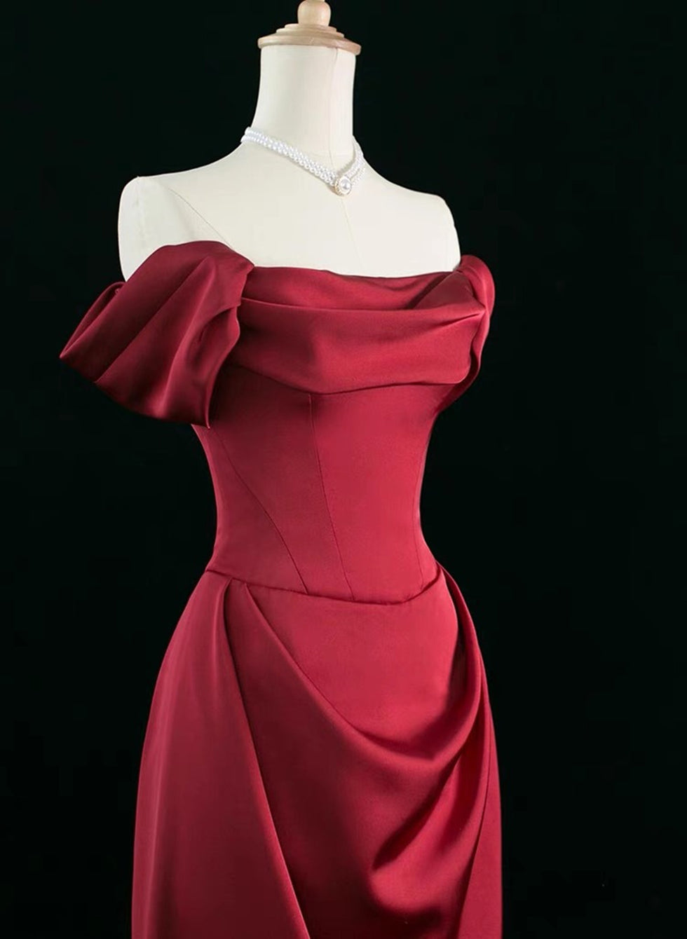 Wine Red Satin A-line Tulle Party Dress with Long Sleeves, Wine Red Satin Prom Dress
