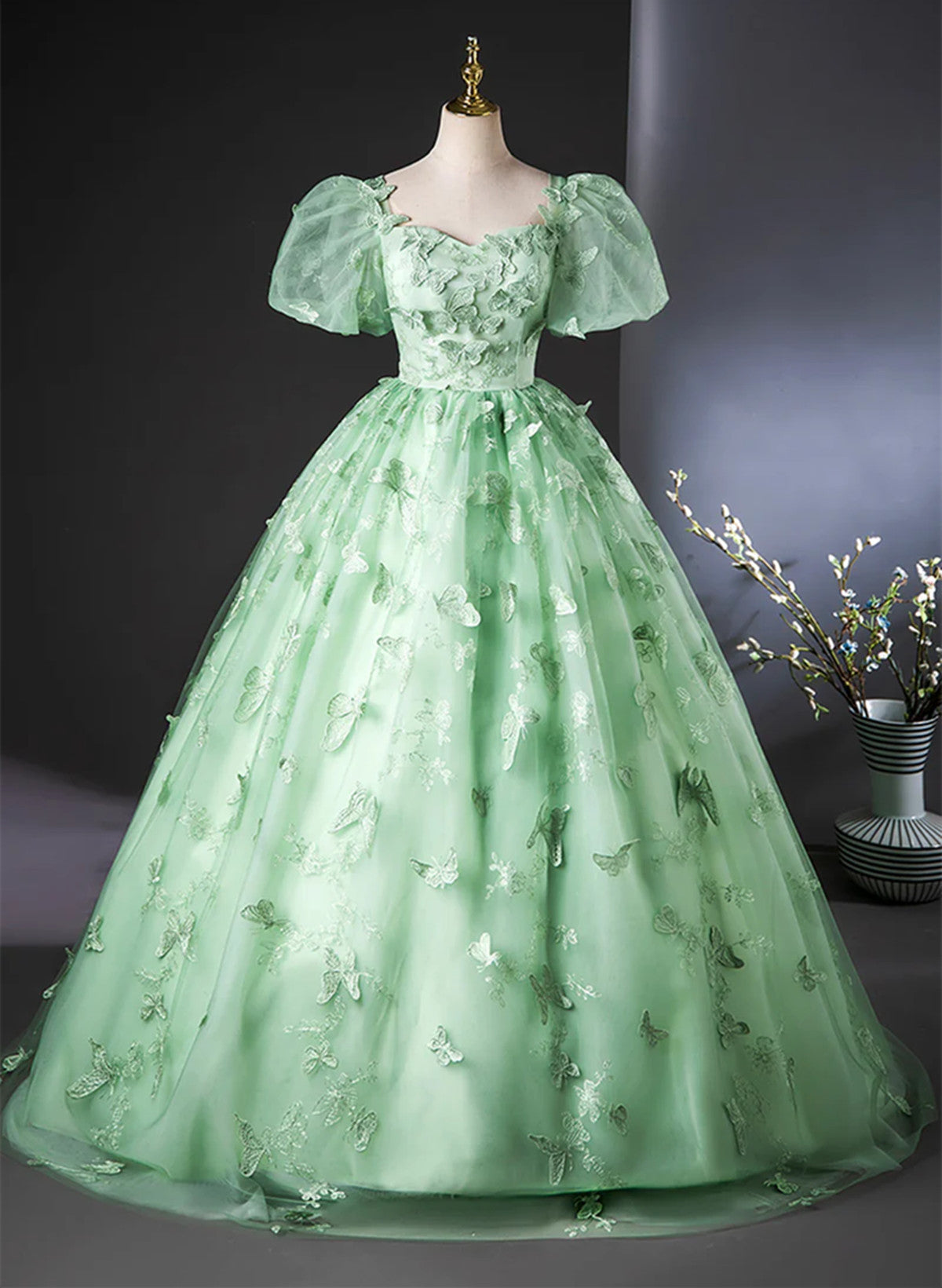 Green Flower Lace Long Prom Dress with Sleeves, Green Formal Dress BeautyDressy Green Flower Lace Long Prom Dress with Sleeves, Green Formal Dress BeautyDressy