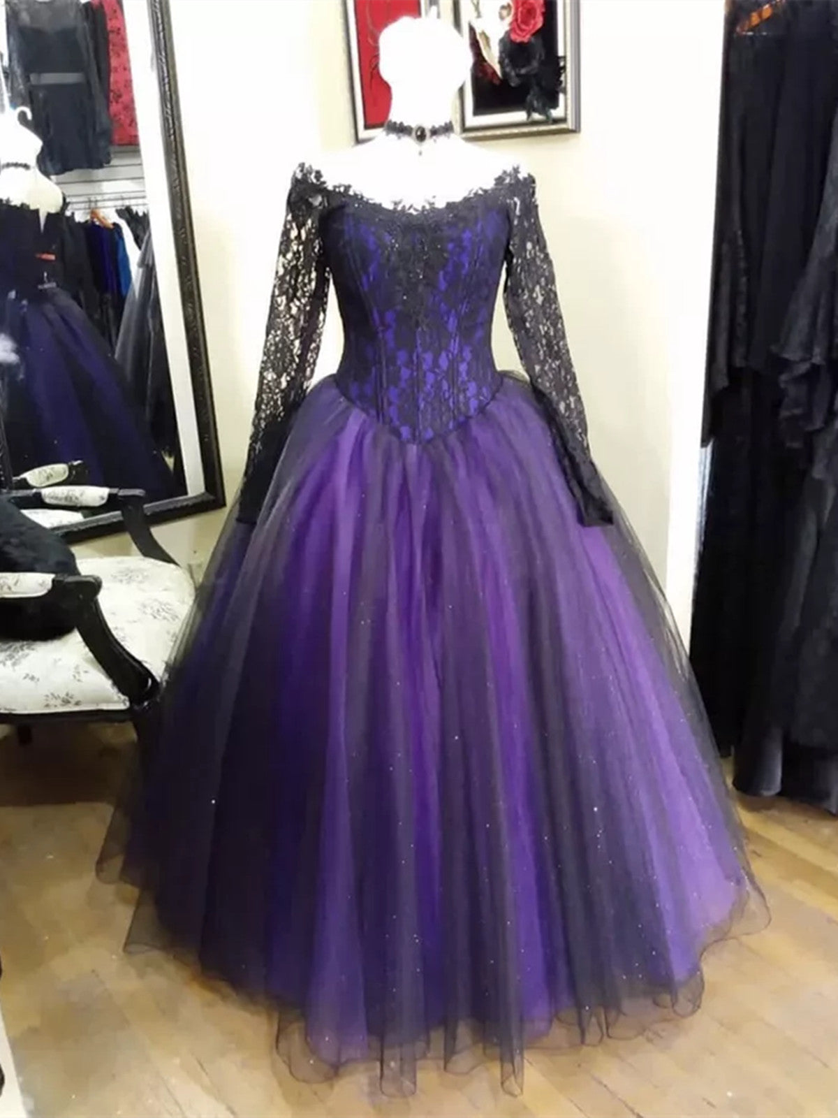 Black and Purple Long Sleeves Lace Sweet 16 Dress, Black and Purple Tulle Prom Dress US 16 / Black and Purple