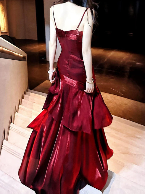 Wine Red Mermaid Straps Long Evening Dress, Wine Red Satin Floor Length Prom Dress