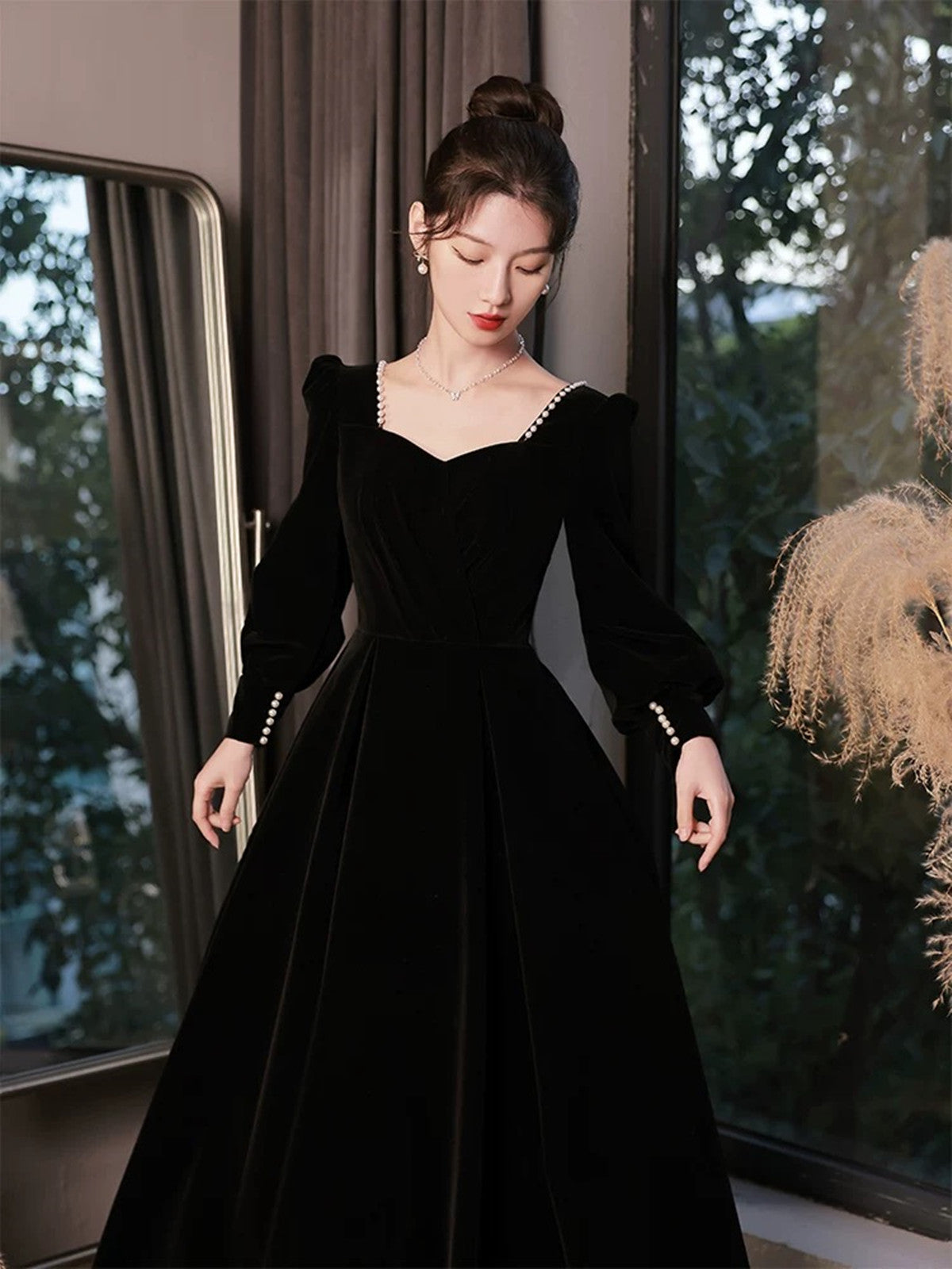 A-line Black Velvet Long Sleeves Simple Style Prom Dress, Black Velvet