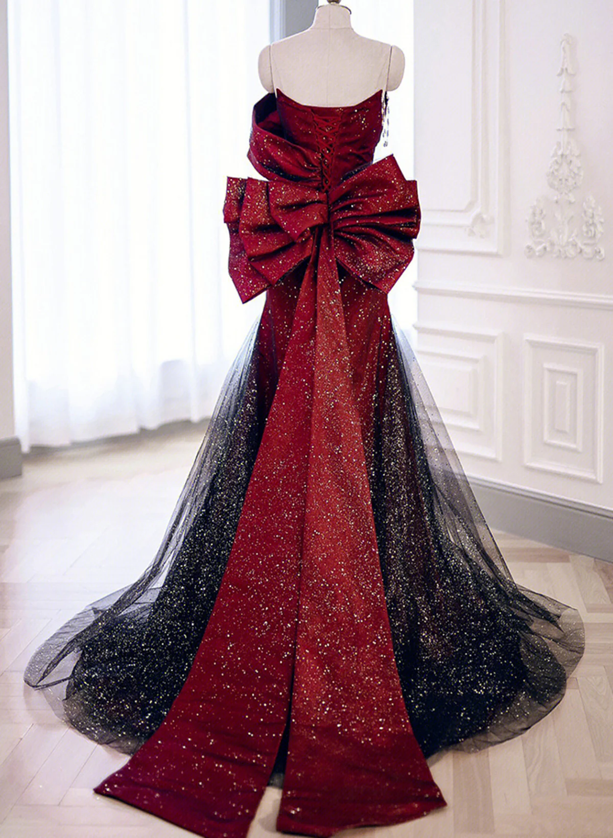 Black and Red Long Party Dress Prom Dress, Sweetheart Satin Evening Dr