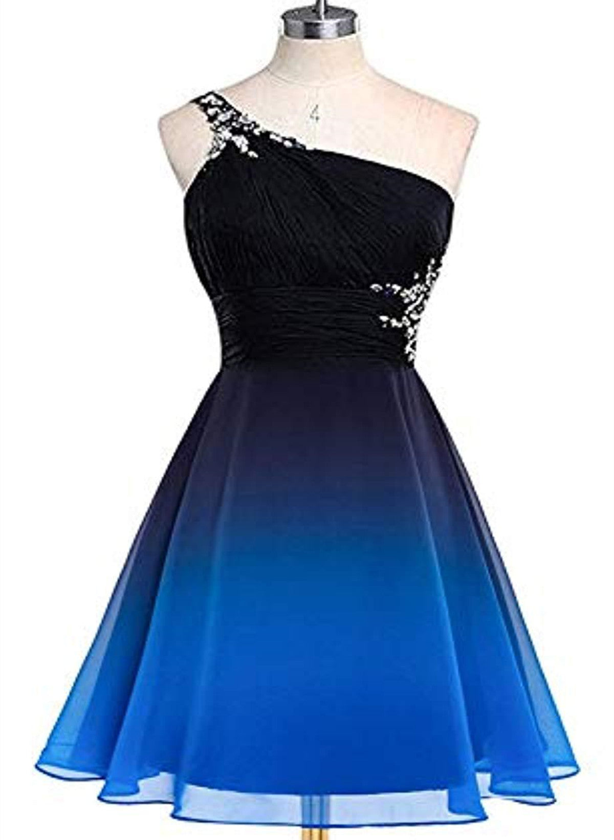 Black and Blue Gradient Chiffon Beaded Party Dress, A-Line Chiffon Homecoming Dress US Size 6 / Custom Color