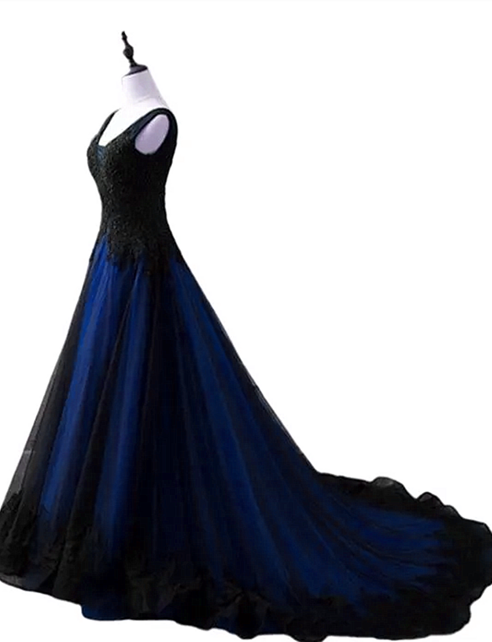 Black and Blue V-neckline Lace Applique Long Formal Dress, Black and B