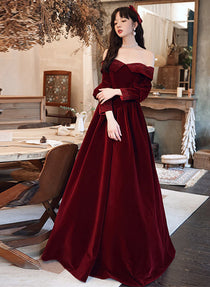 Wine Red Beaded Puffy Sleeves Long Formal Dress, Wine Red Velvet A-lin ...