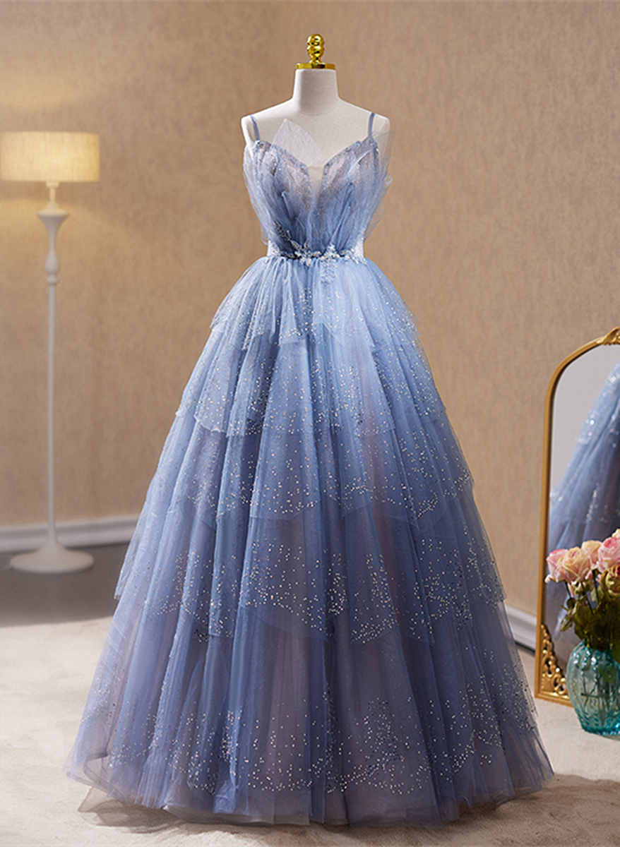 Light Blue Tulle Beaded Long Formal Dress, Light Blue Shiny Tulle Even