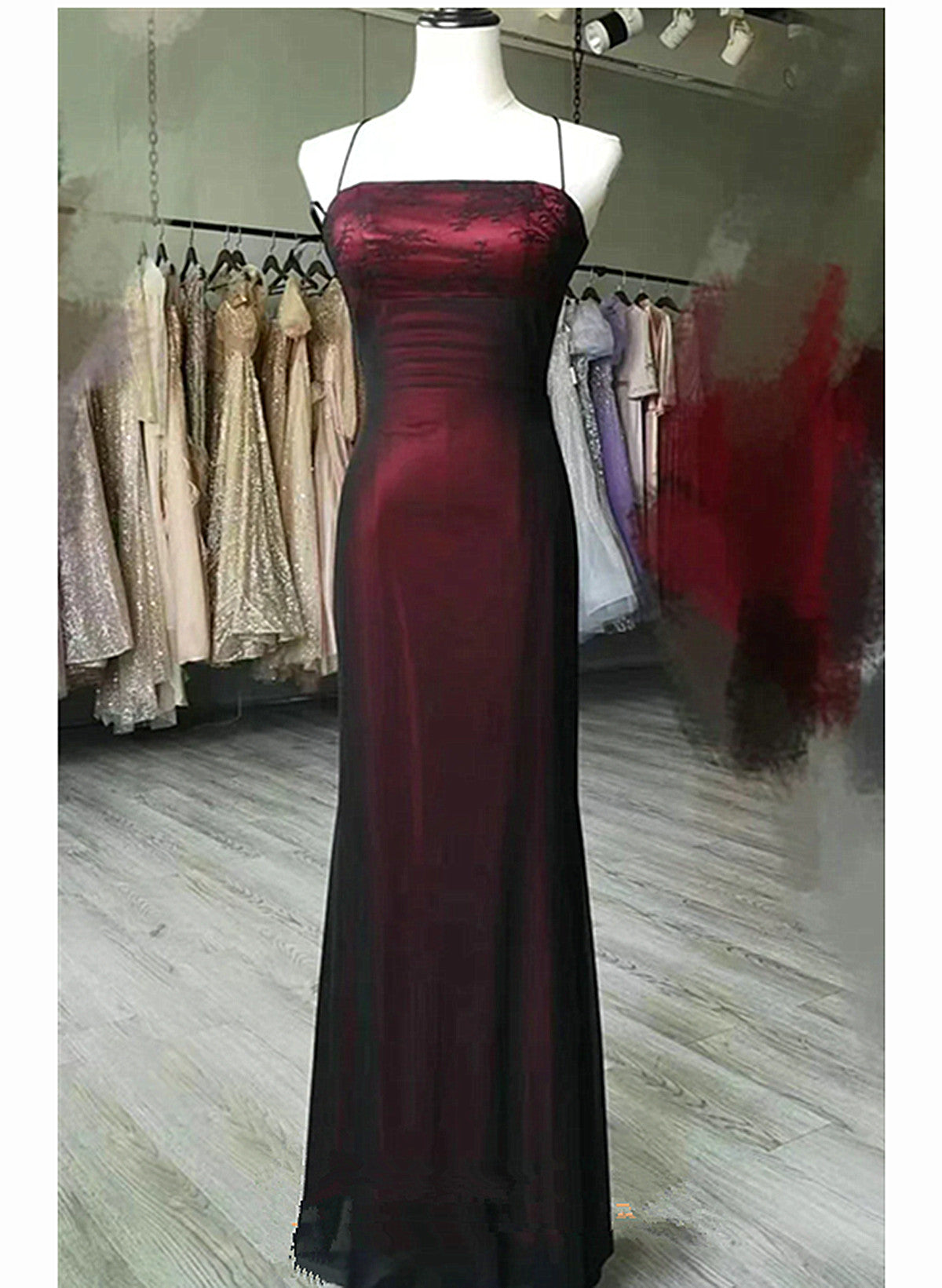 open lace back dress Black and Red Square Neckline Party Dress, Black and Red Long Prom Dress US Size 26W / Black and Red