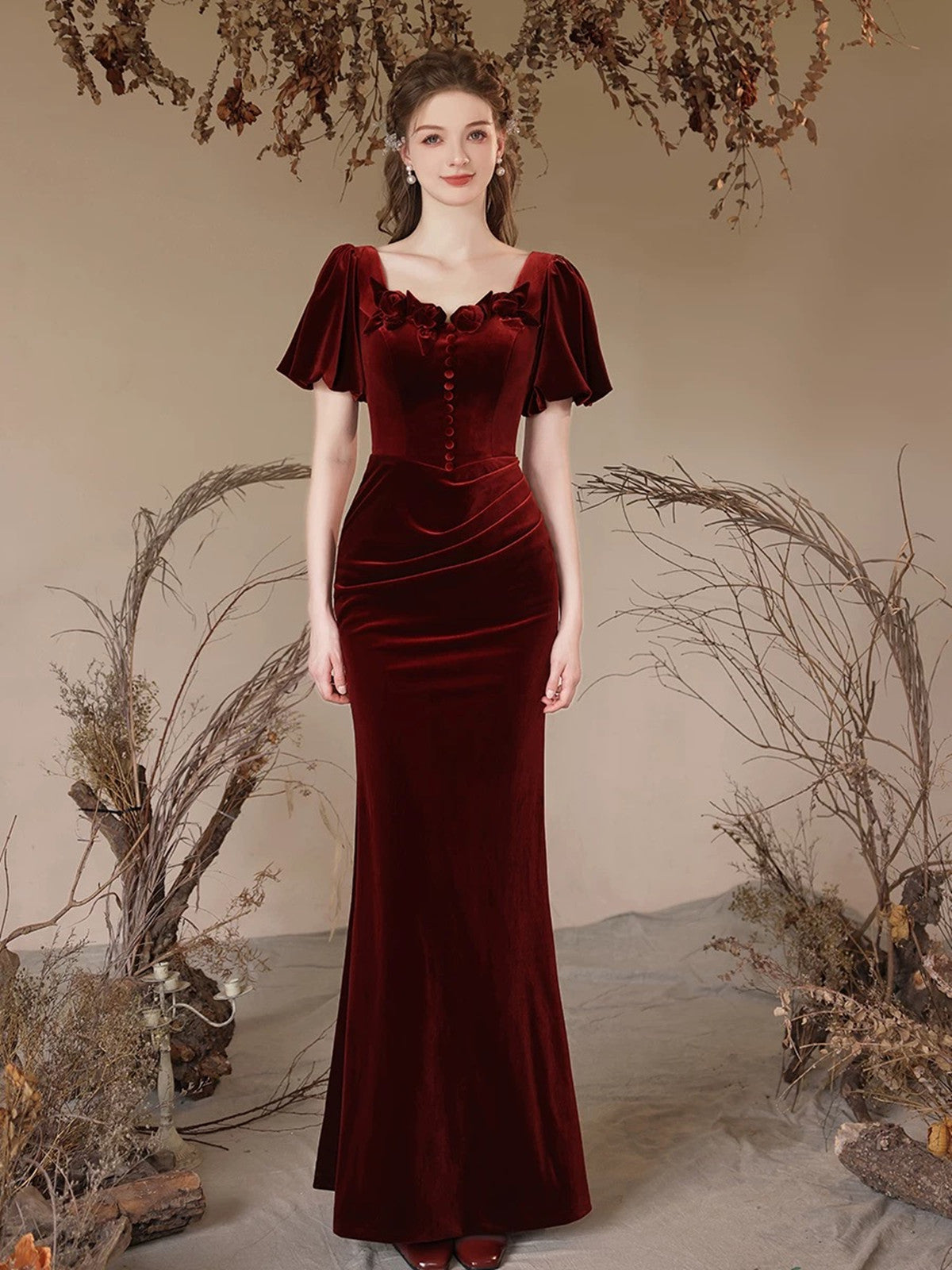 burgundy velvet mermaid dress Azazie Hallie