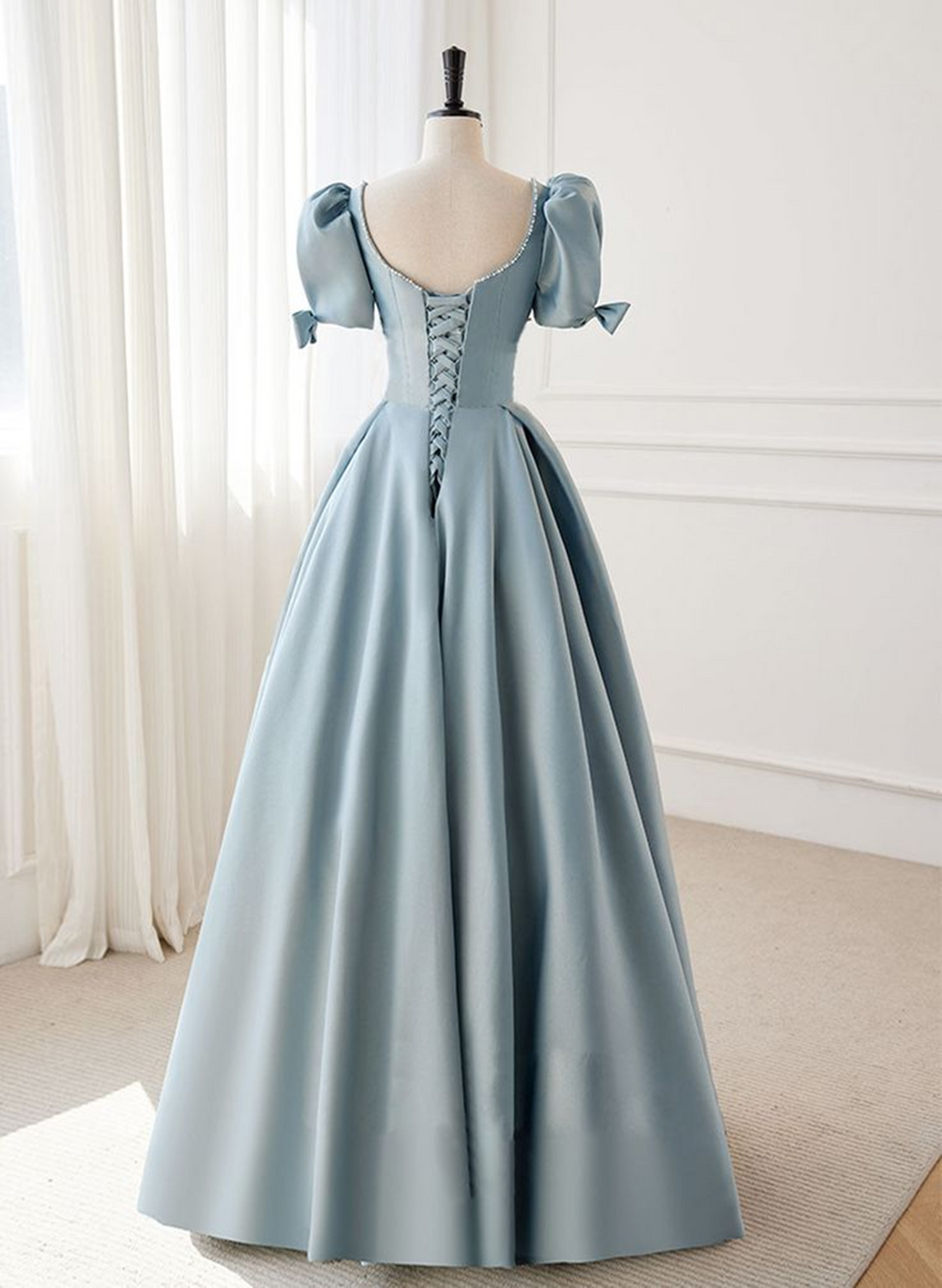 Blue A-line Long Formal Dress with Short Sleeves main image 0