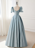 A-line Blue Satin Off Shoulder Prom Dress, Blue Simple Floor Length Evening Dress