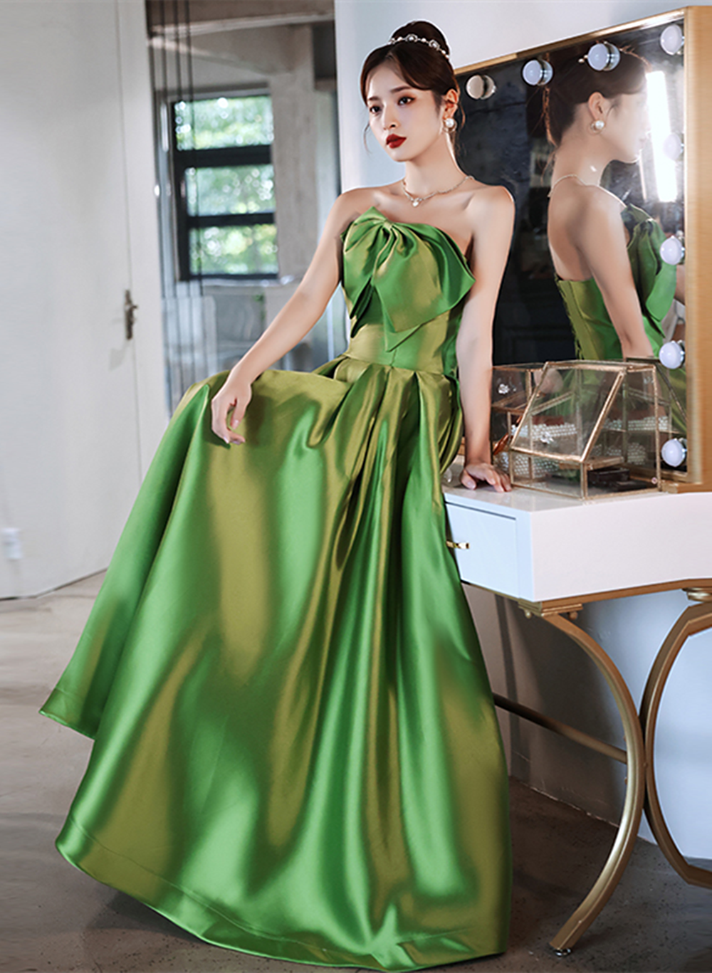 Green Satin A-line Long Formal Dress, Green Simple Pretty Floor Length