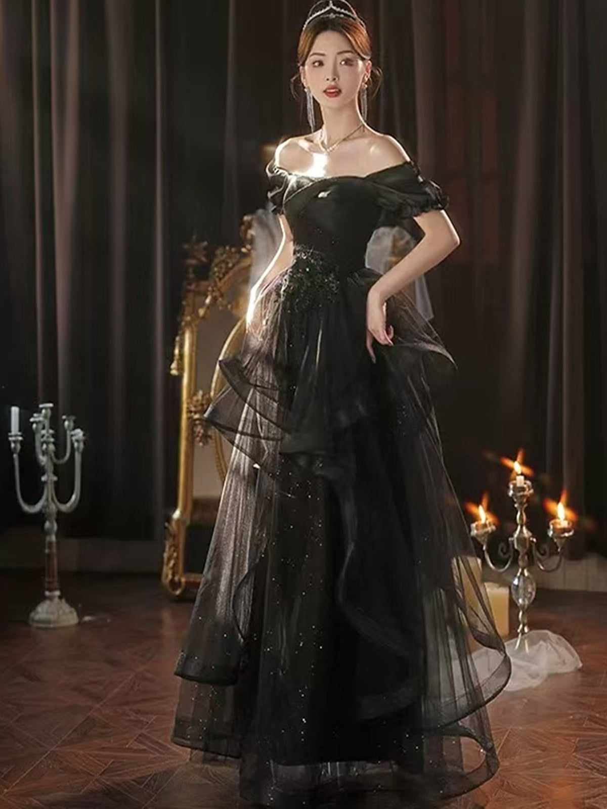 Black Tulle Lace Floor Length Prom Dress, Black A-Line Evening Party Dress US 16 / Black Black Tulle Lace Floor Length Prom Dress, Black A-Line Evening Party Dress US 16 / Black