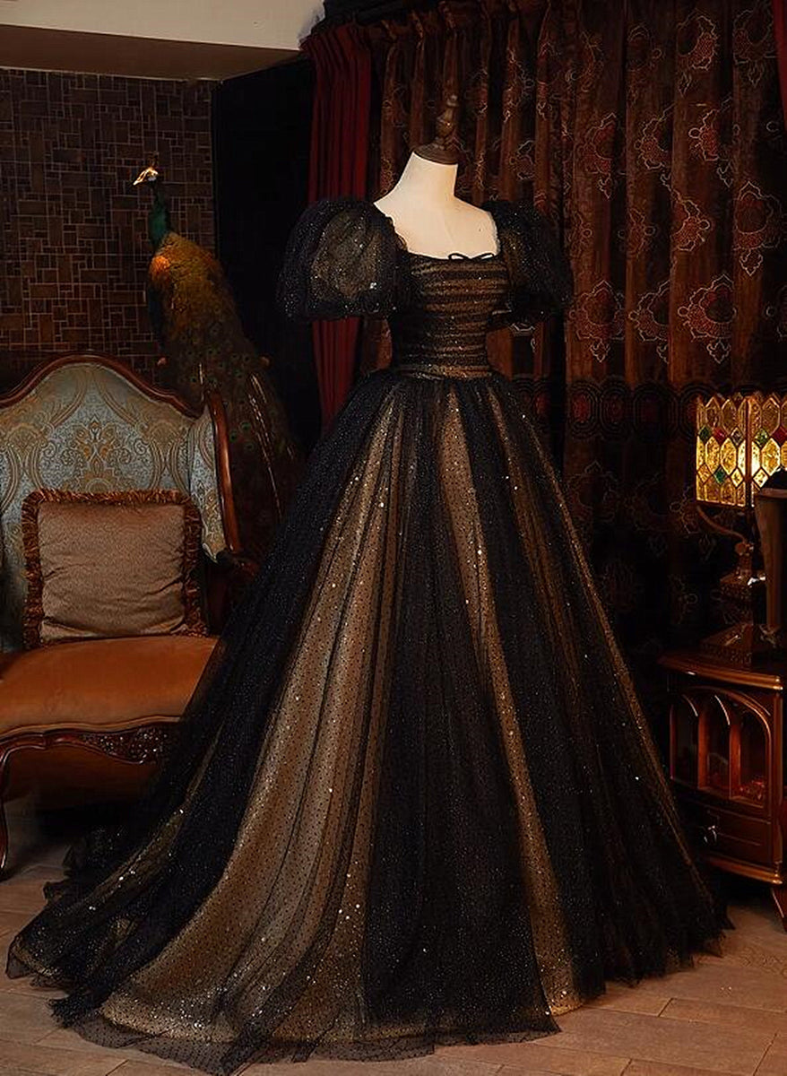 Black and Champagne Short Sleeves Tulle with Lace Party Dress, A-line Floor Length Prom Dress