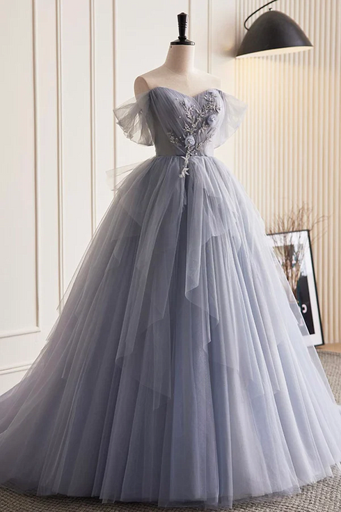 Beautiful Sweetheart Blue-grey Tulle Beaded Long Party Dress main image 1