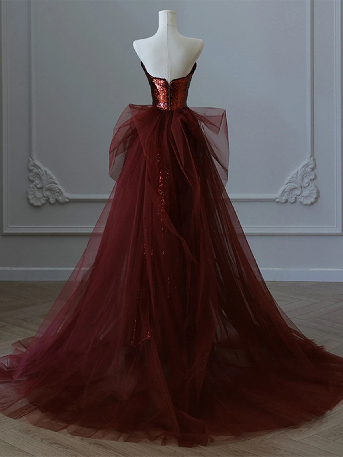 Wine Red Sequins and Tulle Beaded Long Party Dress, Wine Red Evening D