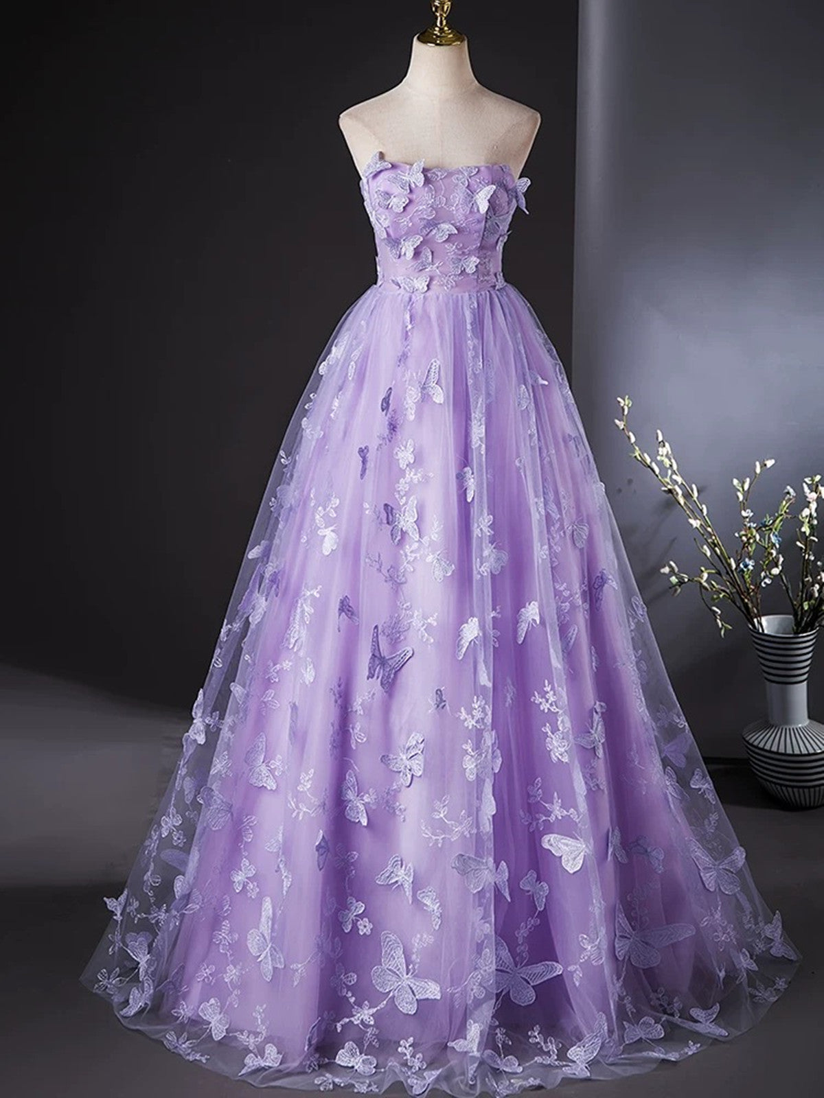 strapless open back dress Purple Lovely Long Lace Sweet 16 Dress, Purple Lace Prom Dress Party D –  BeautyDressy