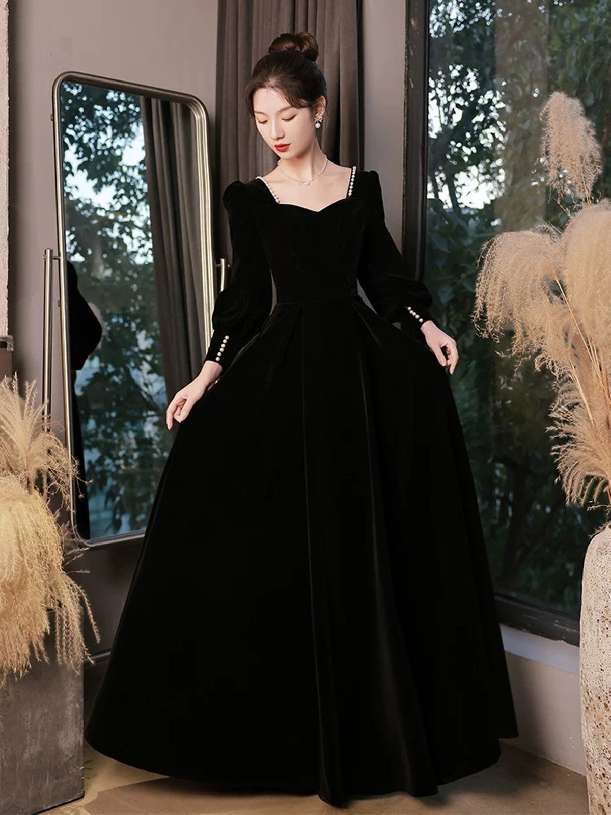 A-line Black Velvet Long Sleeves Simple Style Prom Dress, Black Velvet
