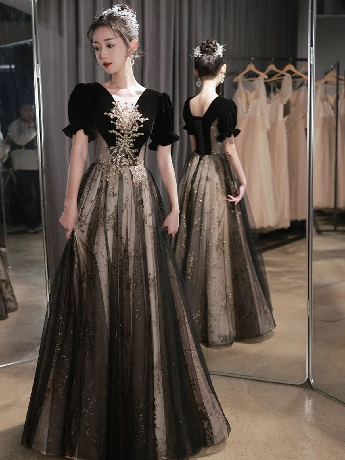 Black Tulle Floor Length Long Party Dress with Slit, Black Evening Dress main image 1