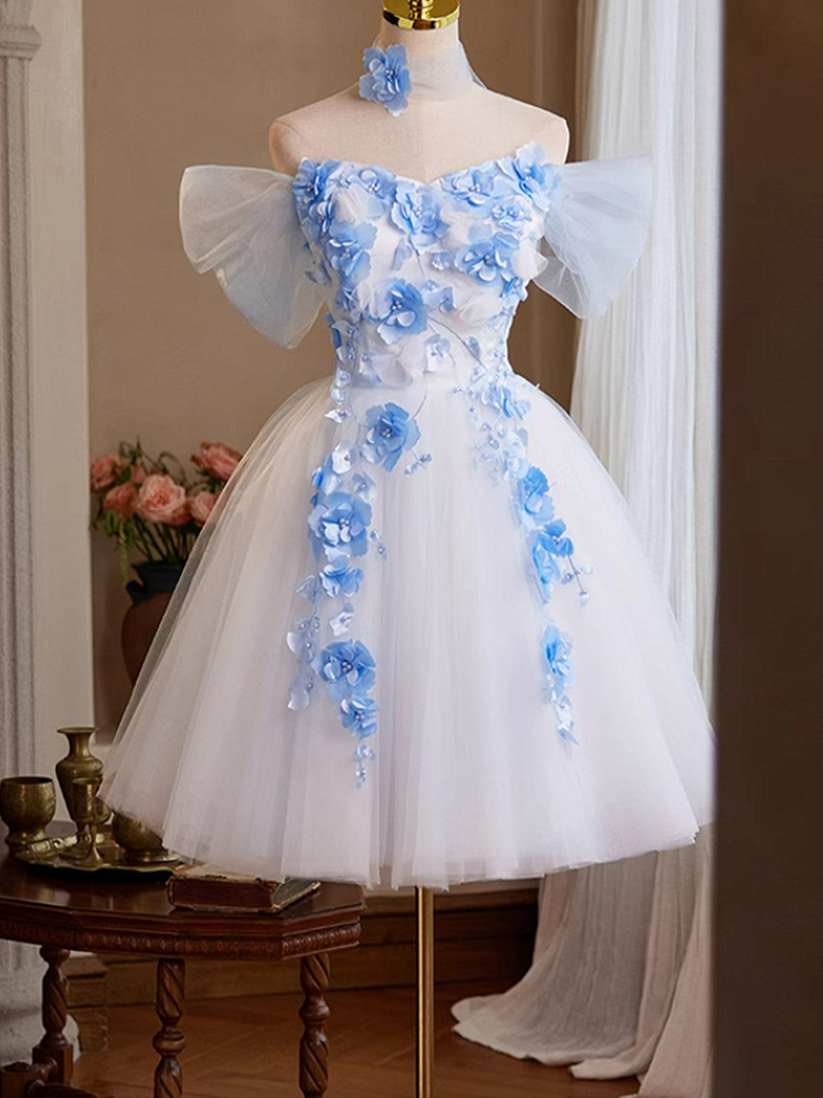 tulle short homecoming dress A-line V Neck Tulle Homecoming Dresses, Navy Blue / 6