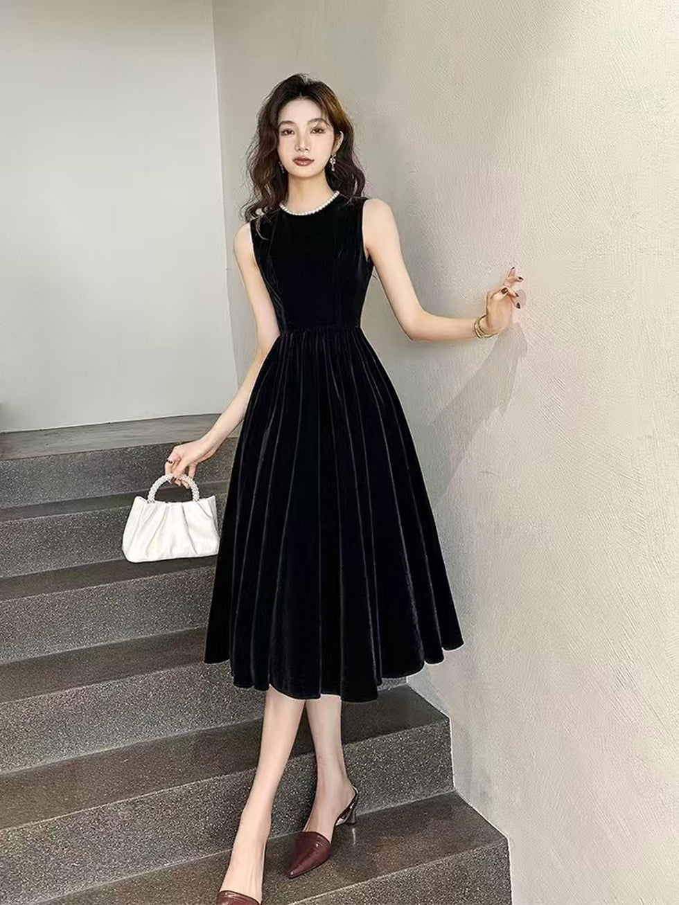 Black Velvet Straps Tea Length Party Dress, Black Velvet Homecoming Dress
