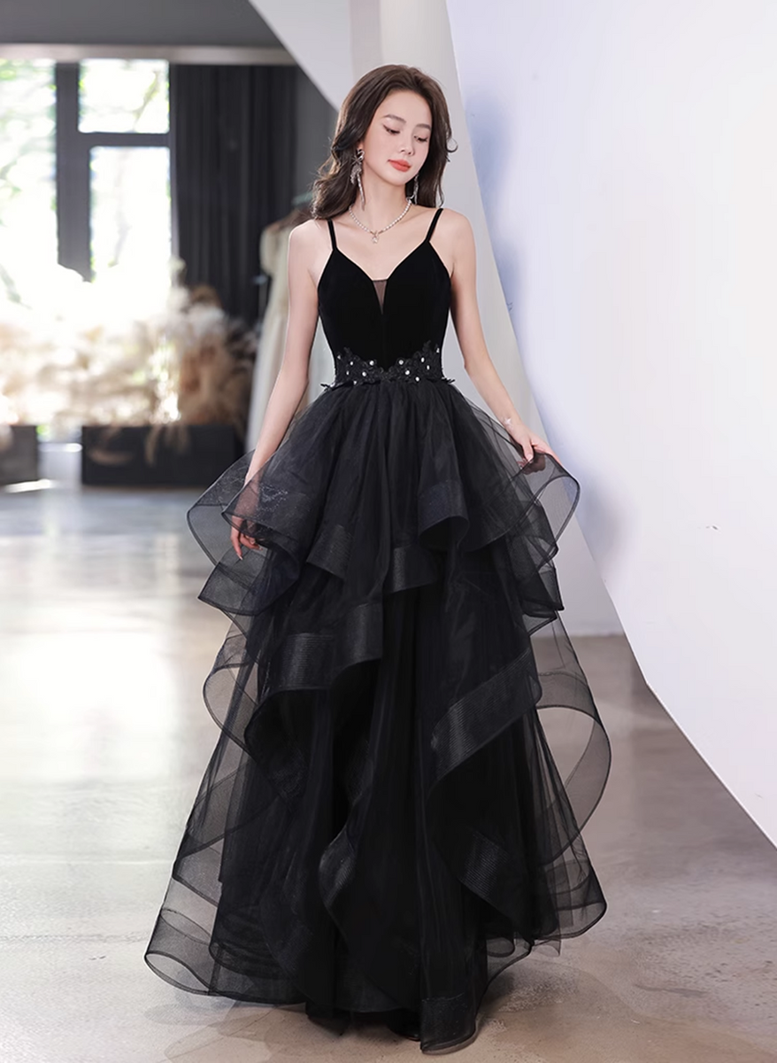 Black Tulle Straps V-neckline Beaded Long Formal Dress, Black A-line P
