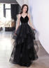 New Arrival Black V-neck Beaded Top A-line Tulle Embroidery Long Prom Dresses, PD0347 main image 0